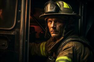 Firefighter near of the door of his truck . Generative Ai photo