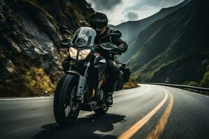 Rider taking a motorcycle through a scenic mountain road, showcasing the harmony between man, machine, and nature. Generative Ai photo