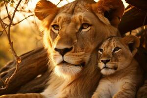 A female lion with her son resting in a tree. Generative Ai photo