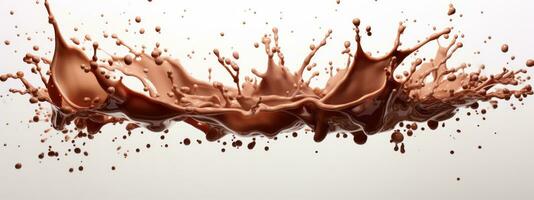Chocolate splashes in the mid air on white background. Generative Ai photo