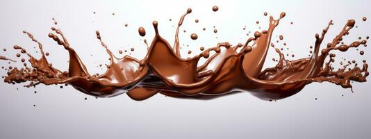 Chocolate splashes in the mid air on white background. Generative Ai photo