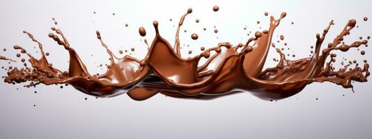 Chocolate splashes in the mid air on white background. Generative Ai photo