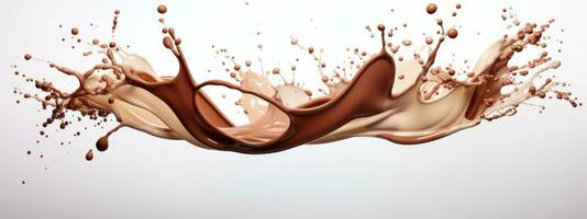 Chocolate and milk swirl splashes in the mid air on white background. Generative Ai photo