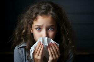 Sick schoolgirl coughs and blows nose wiping with white paper napkin. Concept kids and seasonal diseases.Generative Ai photo