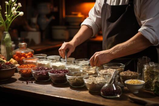 Baker carefully measuring and weighing ingredients for the perfect recipe. Generative Ai photo