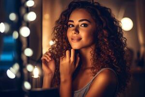 A young woman applying makeup in front of a well-lit vanity mirror, demonstrating beauty routines and self-care practices. Generative AI photo