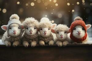 A row of adorable farm animals sheep adorned with Christmas wreaths and Santa hats, spreading holiday cheer. Generative Ai photo
