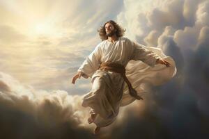 Jesus Christ ascends to heaven illuminated by a beam of light in a sky with pastel colored clouds. Generative Ai photo