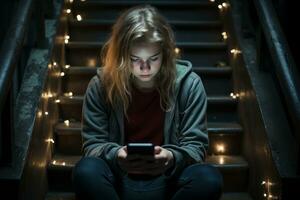 adolescente niña sentado en escalera con su teléfono inteligente junto a su negativo emoción. generativo ai foto