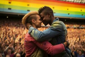 gay Pareja abrazando entre un multitud de gente. generativo ai foto