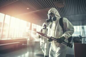 A disinfestation team in action, wearing protective gear and efficiently eliminating pests from a commercial establishment, illustrating the capability and reliability of the service. Generative AI photo