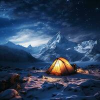 Scenic view of illuminated tent on snowy mountains. Generative Ai photo