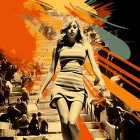 Young woman in mini skirt dress in psychedelic Swinging London style. In 1967 in a fashion psychedelic disco. Generative AI photo