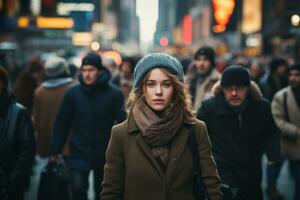 Crowd of people walking on New York city street. Generative Ai photo