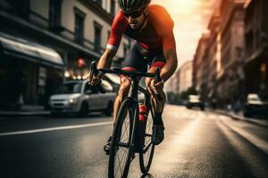 An athlete is riding a bicycle on road at the evening. The image is blurred in motion. Generative Ai photo