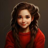 ai generativo hermosa simulando niña con largo pelo colas gemelas vistiendo rojo suéter foto