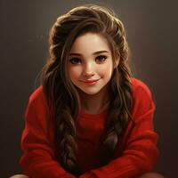 ai generativo hermosa simulando niña con largo pelo colas gemelas vistiendo rojo suéter foto