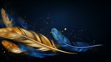 Golden and blue indigenous feather copy space AI Generative background photo