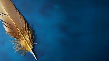 Golden and blue indigenous feather copy space AI Generative background photo