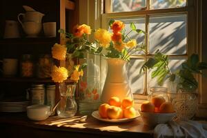 AI Generative still life composition featuring everyday object with the sunlight trough the window photo