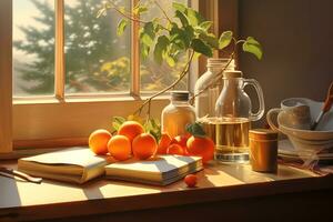 AI Generative still life composition featuring everyday object with the sunlight trough the window photo