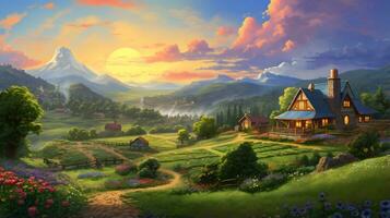 AI Generative idyllic rural landscape with a charm farmhouse photo