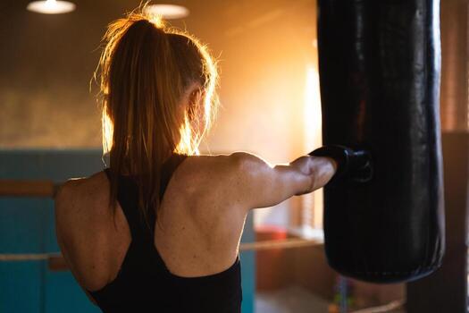 mujer yo defensa niña fuerza. fuerte mujer combatiente formación puñetazos en boxeo anillo. sano fuerte niña puñetazos boxeo bolsa. formación día en boxeo gimnasia. fuerza ajuste cuerpo rutina de ejercicio capacitación. foto