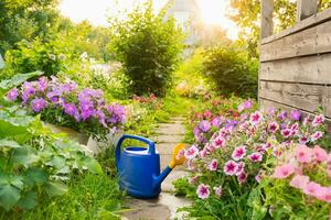 Farm worker gardening tools. Blue plastic watering can for irrigation plants placed in garden with flowers on flowerbed and flowerpot on sunny summer day. Gardening hobby agriculture concept. photo
