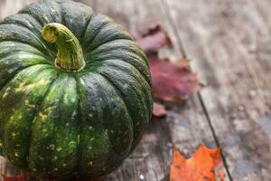 Autumnal Background. Natural autumn fall view pumpkin on wooden background. Inspirational october or september wallpaper. Change of seasons ripe organic food concept, Halloween party Thanksgiving day photo