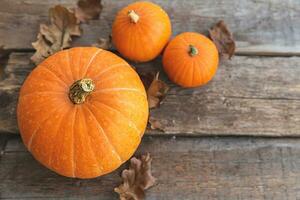 Autumnal Background. Natural autumn fall view pumpkins on wooden background. Inspirational october or september wallpaper. Change of seasons ripe organic food concept, Halloween party Thanksgiving day photo