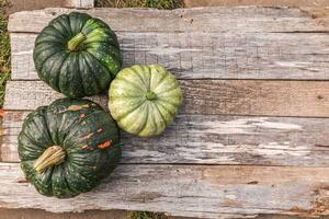 Autumnal Background. Natural autumn fall view pumpkins on wooden background. Inspirational october or september wallpaper. Change of seasons ripe organic food concept, Halloween party Thanksgiving day photo