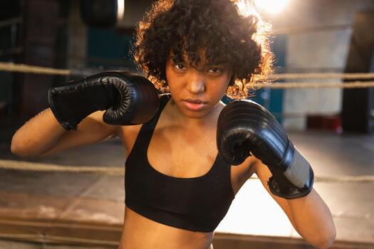 grito independiente niña fuerza. enojado africano americano mujer combatiente con boxeo guantes mirando grave agresivo en pie en boxeo anillo. fuerte poderoso combatiente niña formación golpes foto