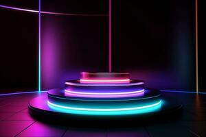 a neon lit room with a stage and a lighted podium. Generative AI photo