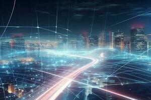the city is lit up with network lines and lights. Generative AI photo