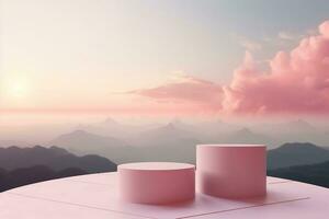 two white pedestals on top of a table with pink clouds in the background. Generative AI photo