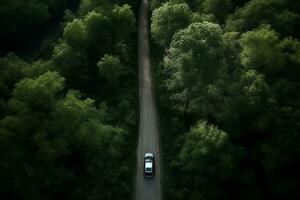 un aéreo ver de un coche conducción abajo un la carretera mediante un bosque. generativo ai foto