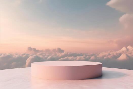3d of a round table with clouds in the background. Generative AI photo
