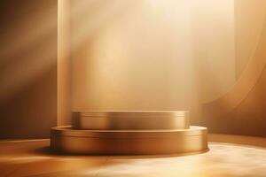 gold podium with light shining from the ceiling. Generative AI photo