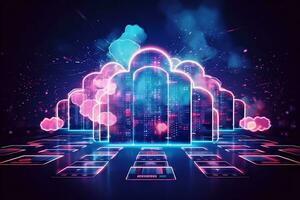 cloud computing technology, abstract background, neon lights, futuristic design. generative ai photo