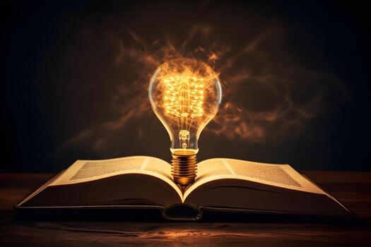 an open book with a light bulb on top. generative ai photo