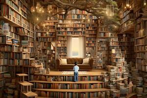 un hombre en pie en frente de un habitación lleno de libros. generativo ai foto