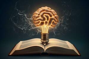 an open book with a light bulb inside it and a brain. generative ai photo