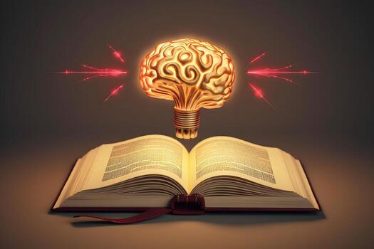 an open book with a glowing light bulb on top. generative ai photo