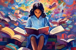un niña es leyendo un libro rodeado por libros. generativo ai foto