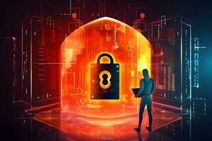 a man is standing in front of a padlock and a computer screen with a cityscape background. generative ai photo