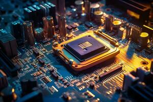 a close up of a computer processor on a motherboard. generative ai photo