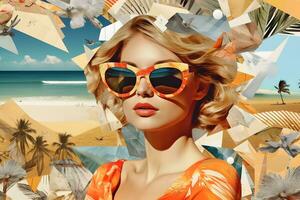 un mujer vistiendo Gafas de sol y un naranja vestir en un playa. generativo ai foto