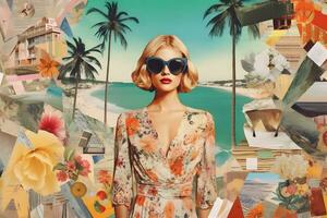 a woman wearing sunglasses and a floral dress is surrounded by a collage of images. generative ai photo