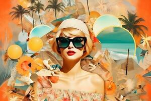 un mujer vistiendo Gafas de sol y un sombrero es rodeado por palma arboles generativo ai foto
