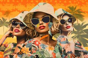 three women in tropical clothes and hats. generative ai photo